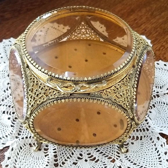 Vintage French Brass Filigree Amber Beveled Glass Ormulu Jewelry Box Casket - Picture 7 of 16
